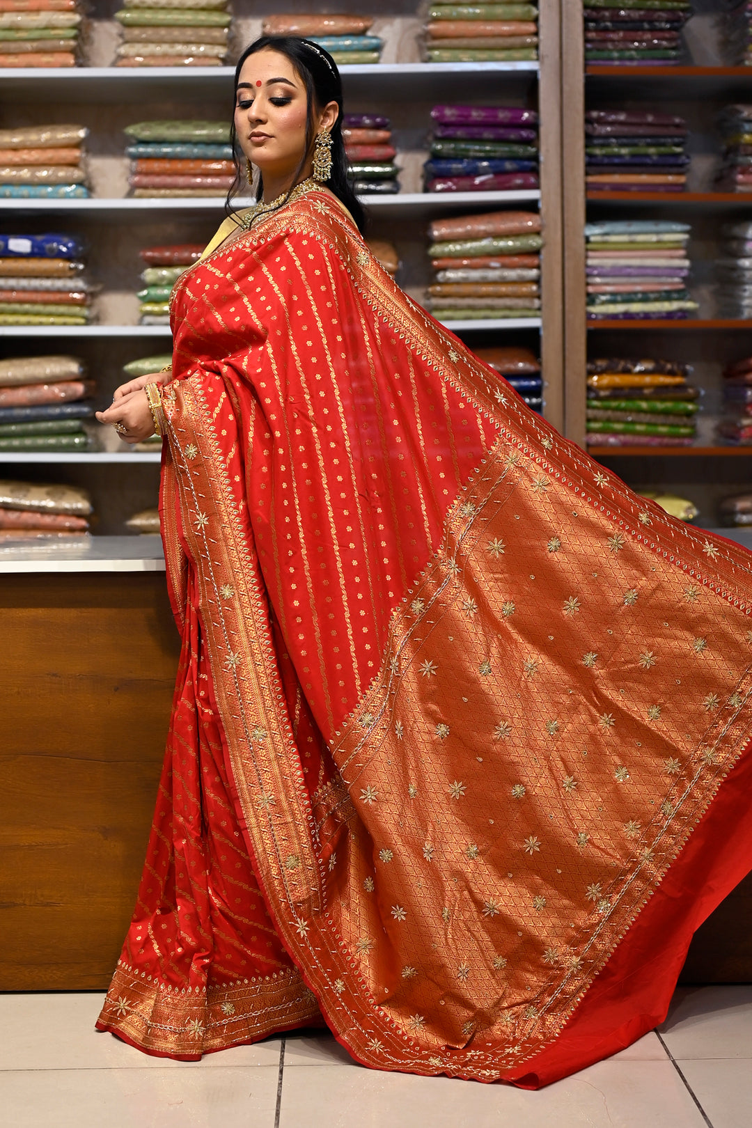 Designer Saree Zardozi Work On Banarasi Saree - Red Color