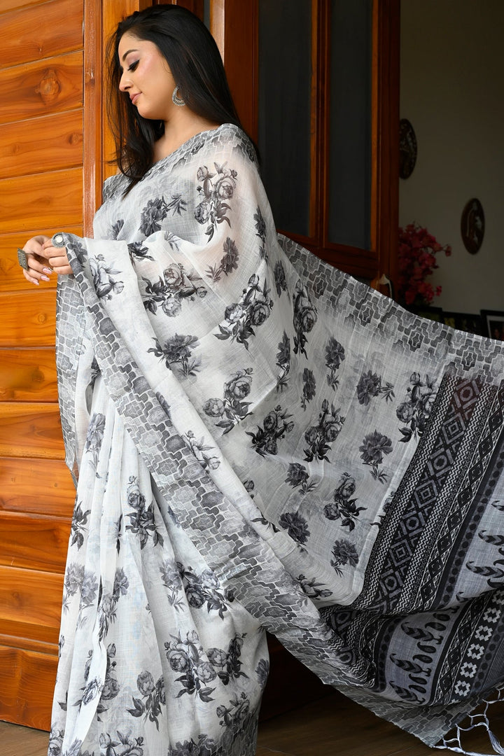 White and Black Linen Saree with Digital Floral Print