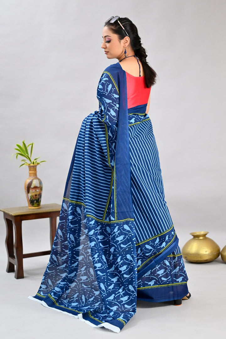 Blue Color Pure Cotton Printed Handloom Saree