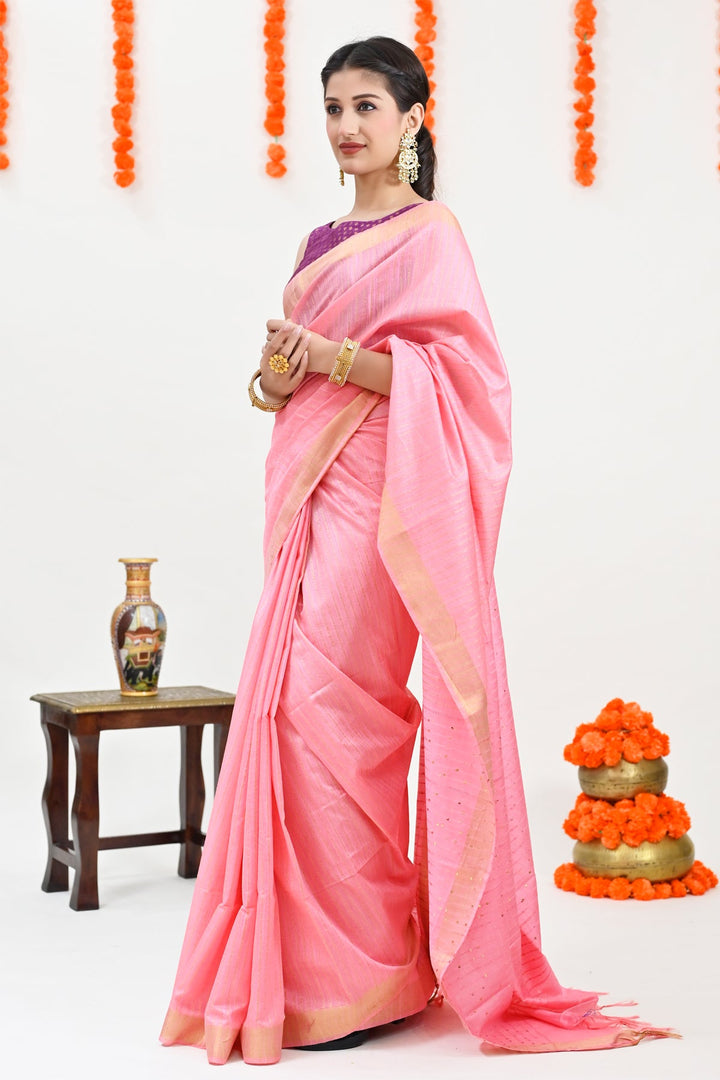 Peach Color Color Woven Design Striped Cotton Handloom Saree Sequence Work