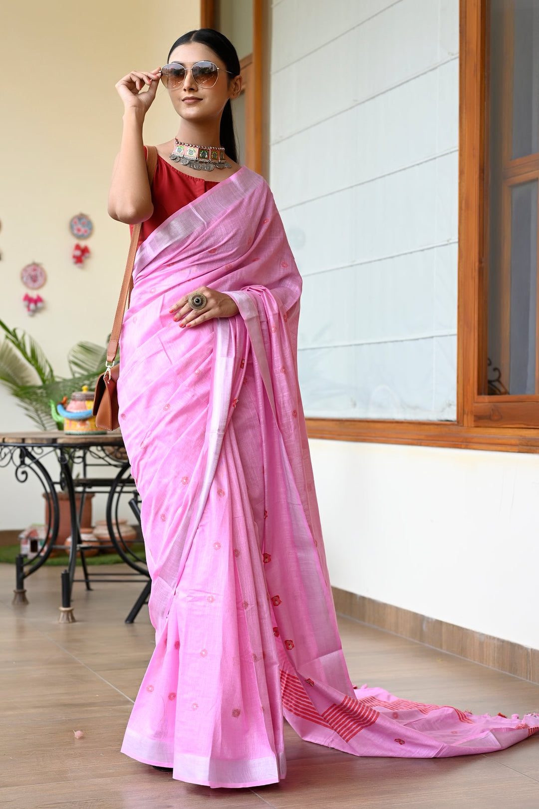 Pink Color Pure Cotton Woven Design Maheshwari Handloom Saree