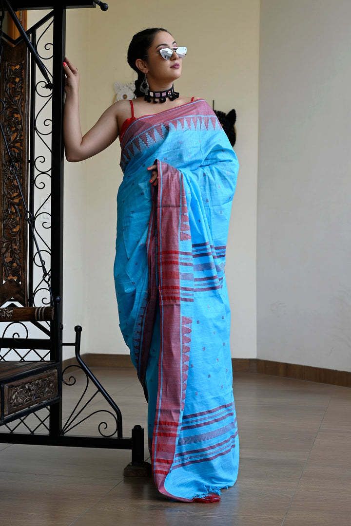 Blue Color Pure Cotton Woven Design Maheshwari Handloom Saree