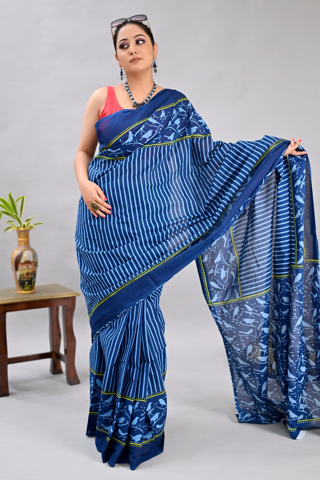 Blue Color Pure Cotton Printed Handloom Saree