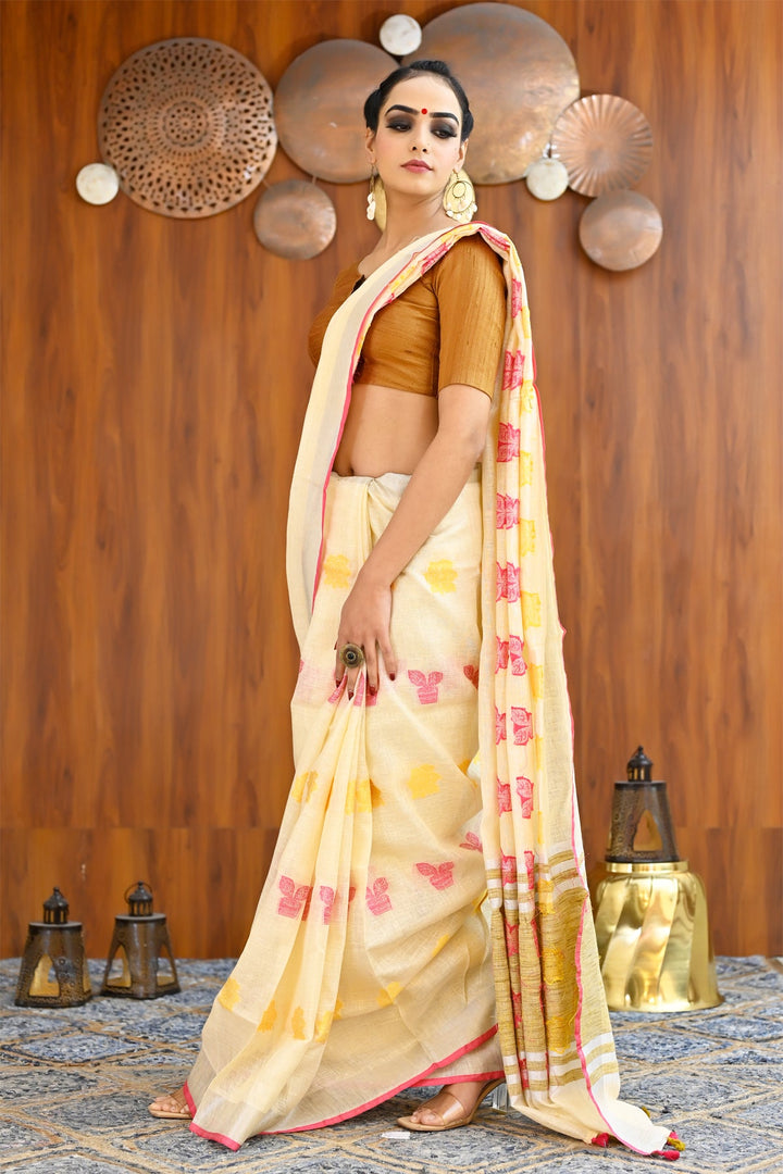 Cream Color Pure Linen Embroidered Handloom Saree