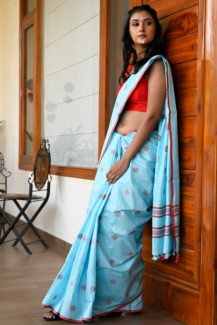 Blue Color Pure Cotton Woven Design Taant Handloom Saree