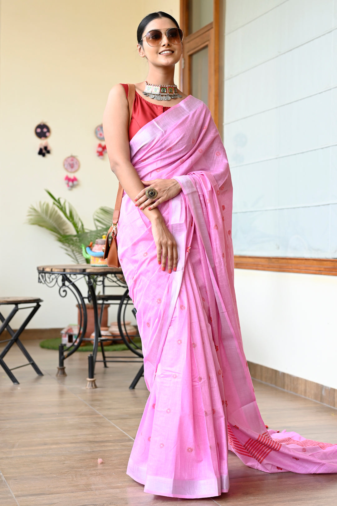 Pink Color Pure Cotton Woven Design Maheshwari Handloom Saree