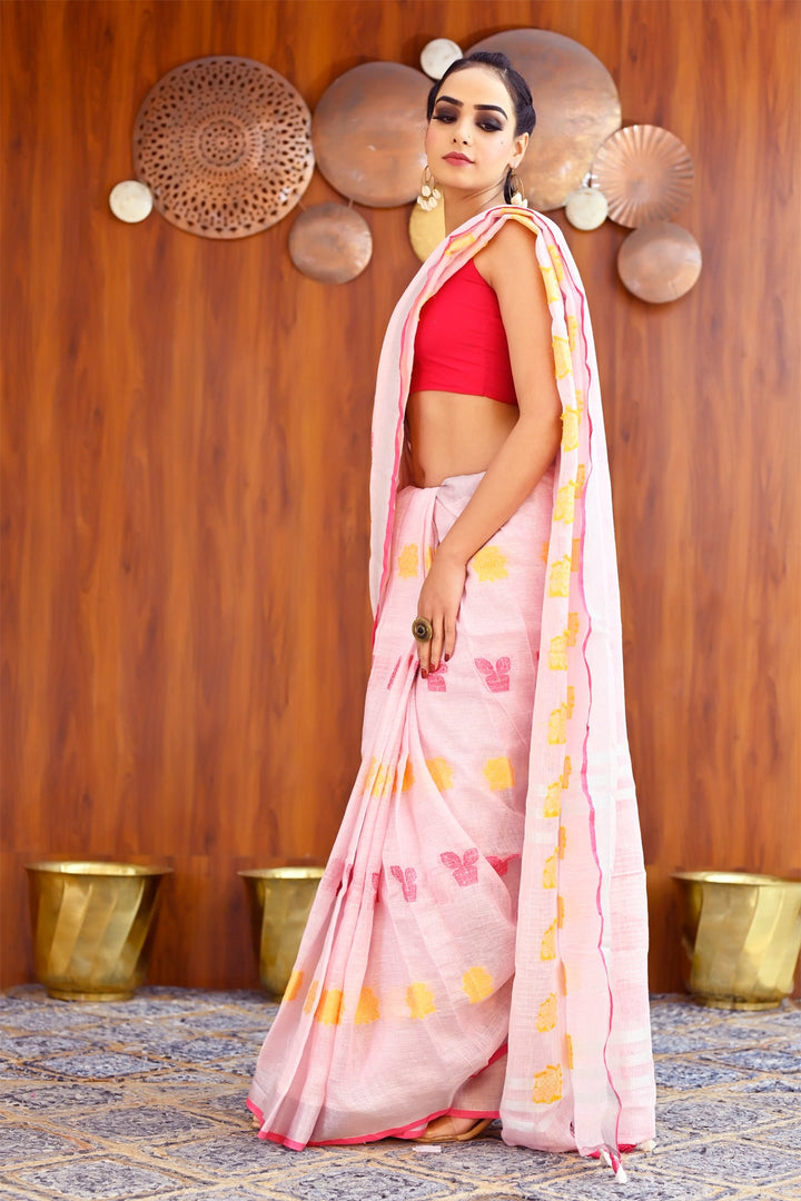 Pink Color Pure Linen Embroidered Handloom Saree with Silver Zari Border