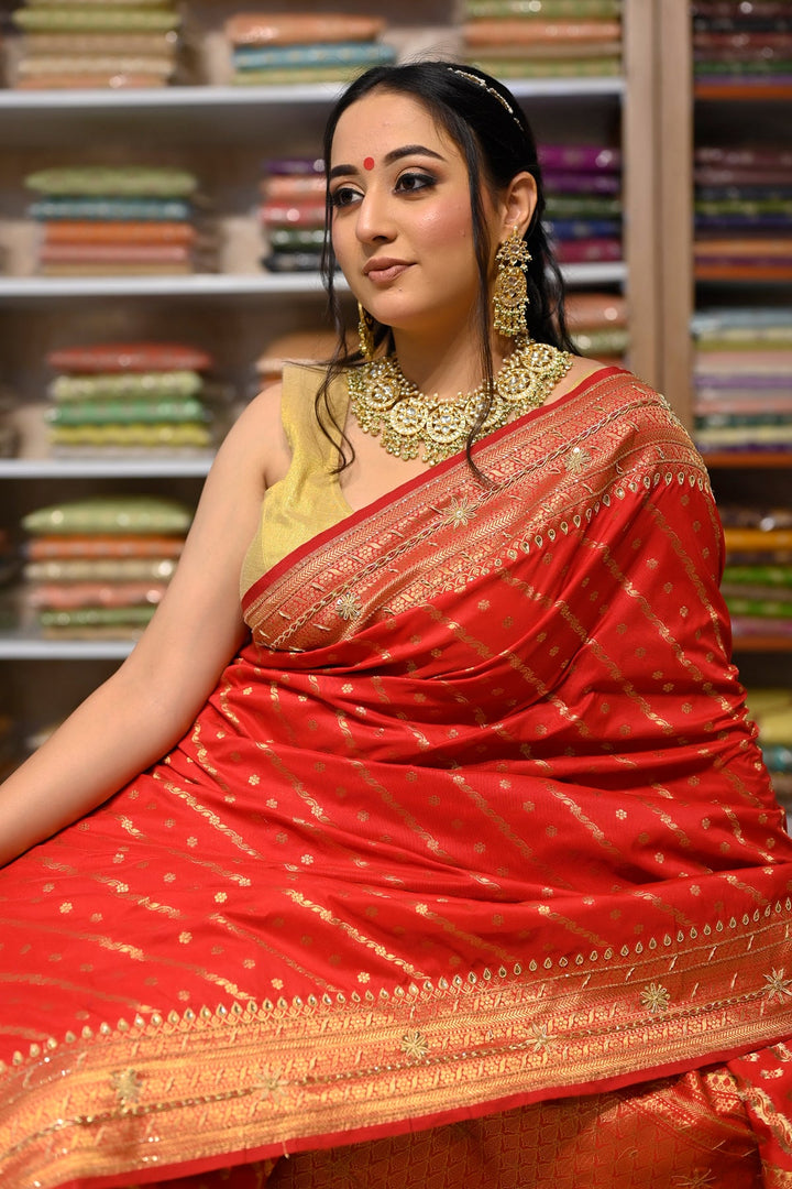 Designer Saree Zardozi Work On Banarasi Saree - Red Color