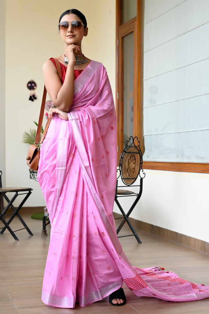 Pink Color Pure Cotton Woven Design Maheshwari Handloom Saree