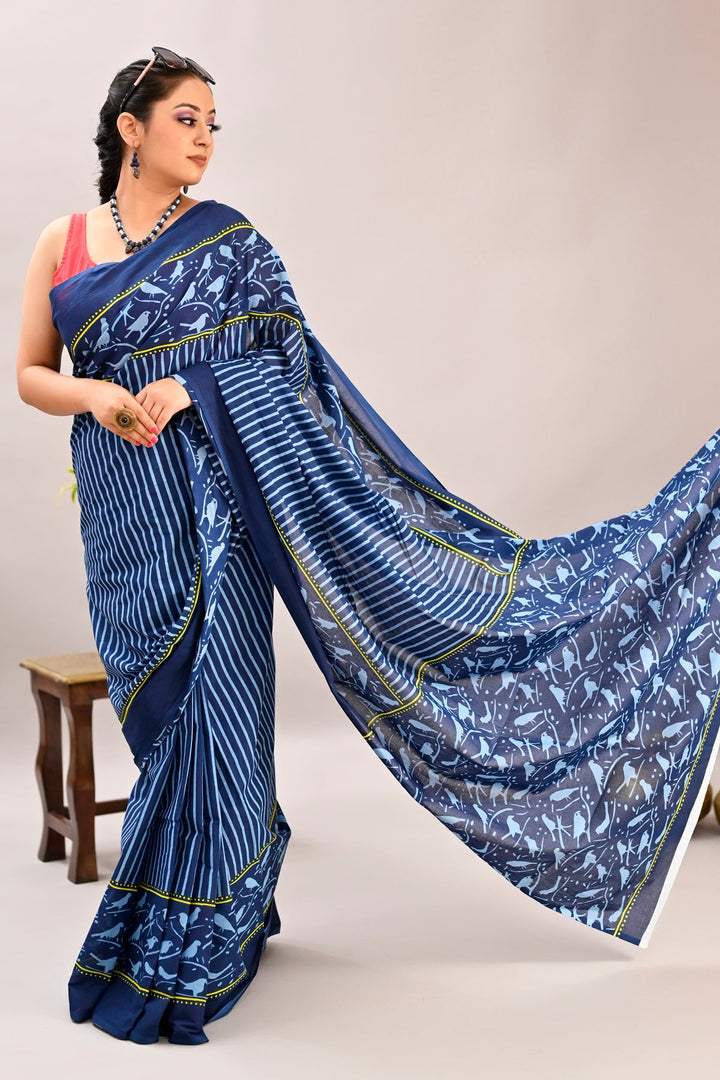 Blue Color Pure Cotton Printed Handloom Saree