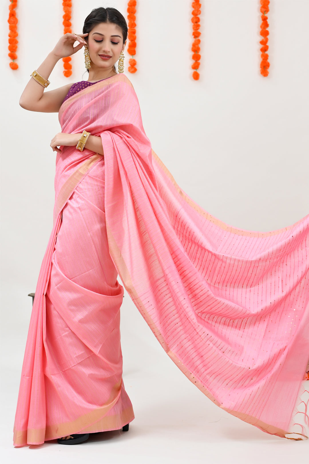 Peach Color Color Woven Design Striped Cotton Handloom Saree Sequence Work