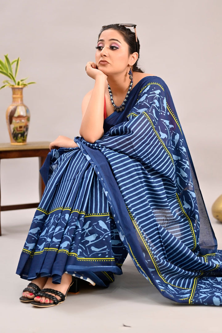 Blue Color Pure Cotton Printed Handloom Saree