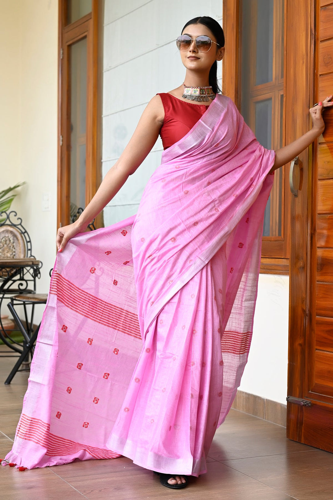 Pink Color Pure Cotton Woven Design Maheshwari Handloom Saree