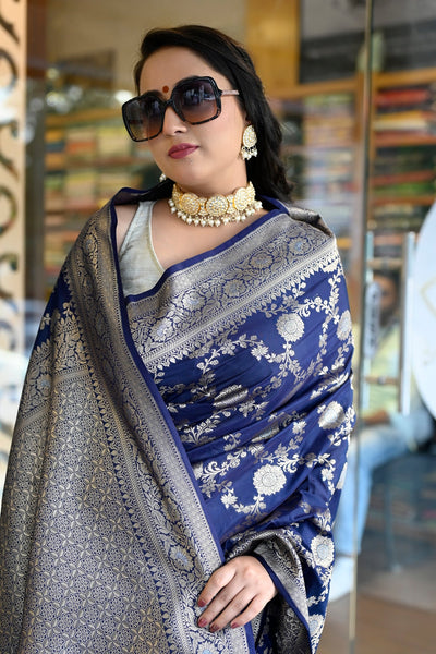 Buy Navy Blue Zari Weaving Soft Silk Saree Online