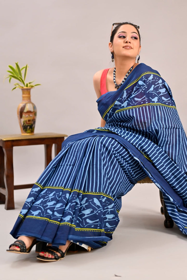 Blue Color Pure Cotton Printed Handloom Saree