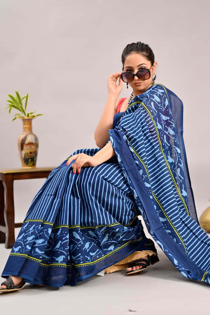 Blue Color Pure Cotton Printed Handloom Saree