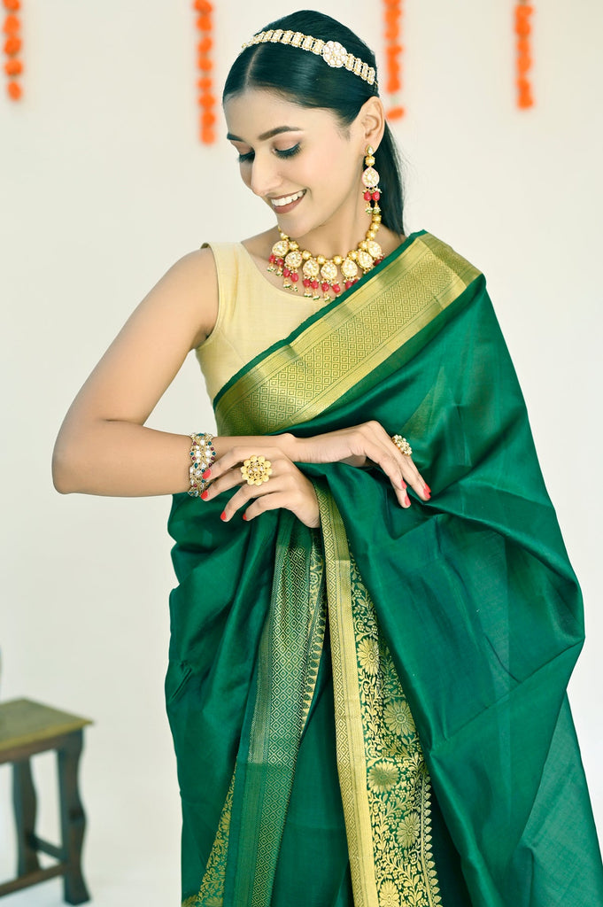 Green kanchipuram silk saree at kanjivaramsilks.com | Navy blue saree,  Wedding saree blouse designs, Fancy blouse designs