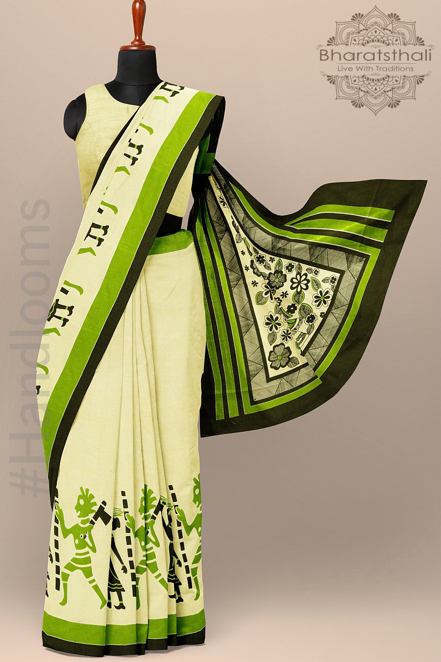 Muslin Cream Color Cotton Saree with Print Figures Border