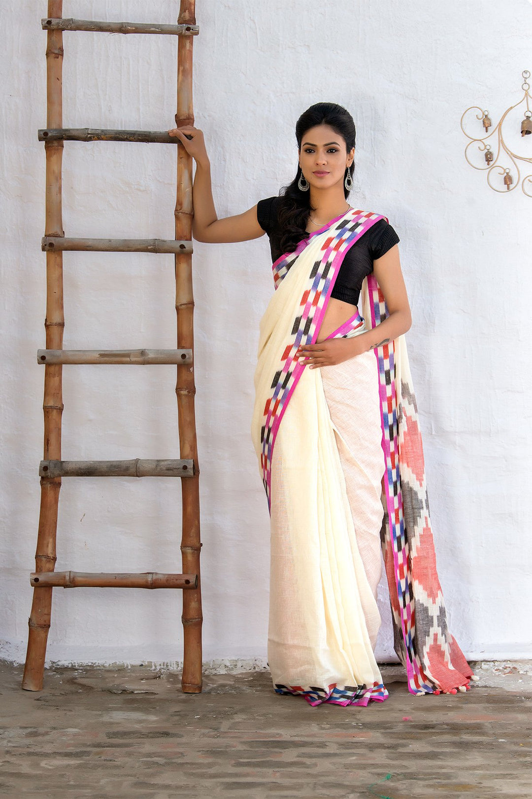 White Grey Red Pure Ikkat Linen Saree