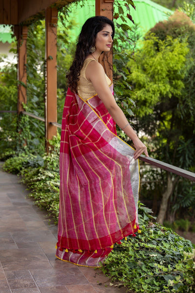 Rich Maroon Linen Saree With Mango Design Border - Loomfolks