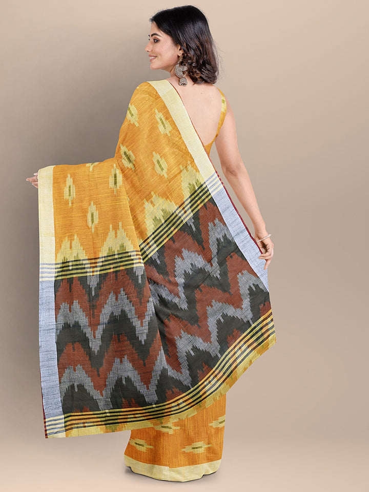 Orange Color Pure Cotton Woven Design Ikat Handloom Saree