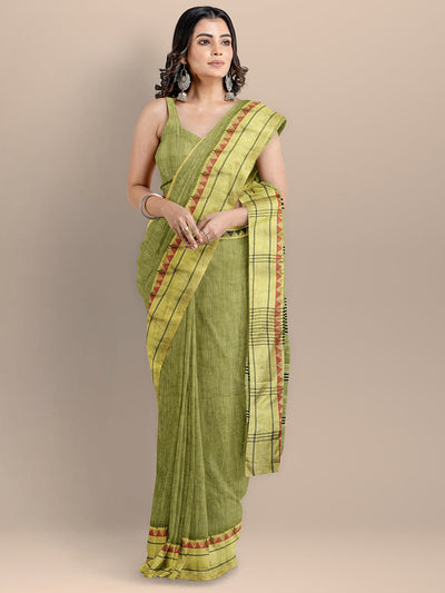 Green Embellised Pure Cotton Saree without Blouse - Sutisaree